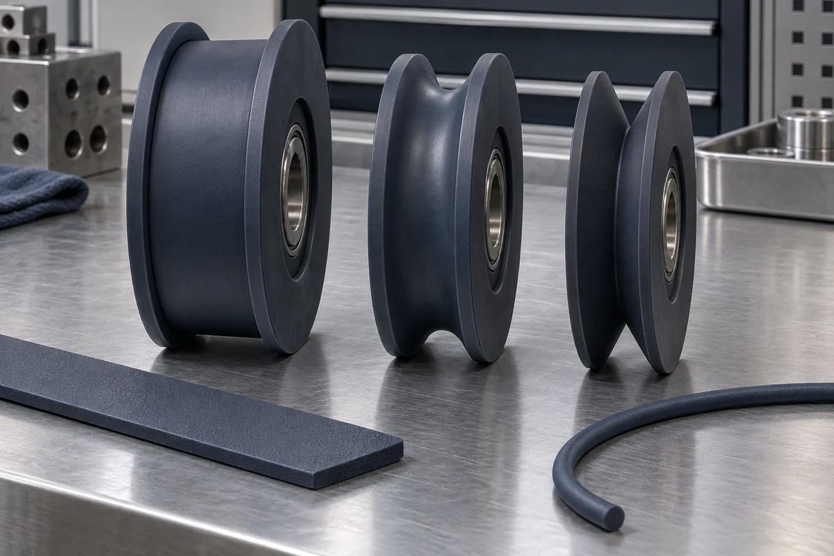 Flat, U-groove and V-groove polymer pulley design examples with loose belt and cord samples