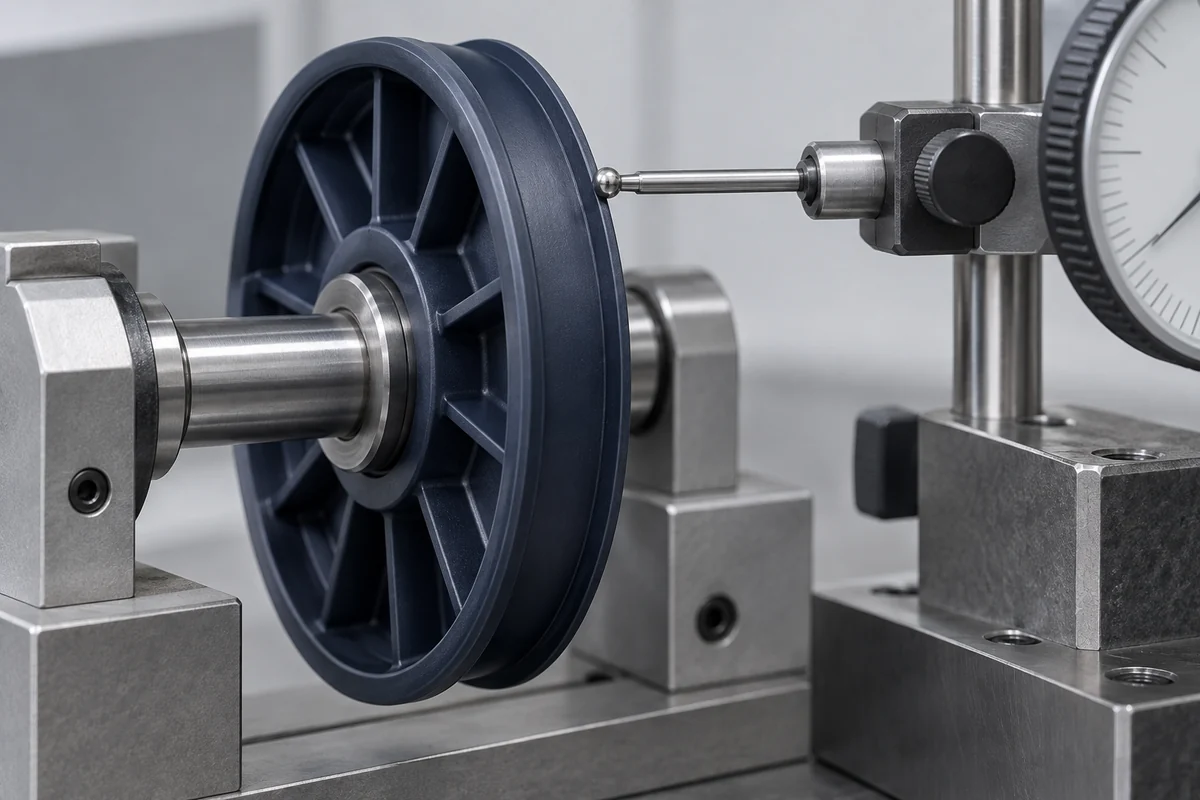 Indicator stylus touching a polymer pulley tread radially on an arbor fixture