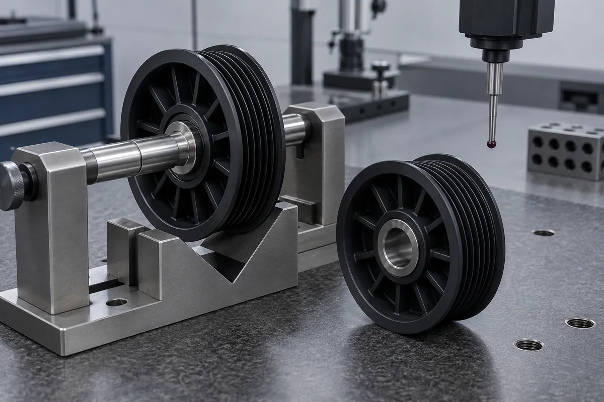 Mounted pulley and separate trial wheel beside a precision arbor and V-blocks