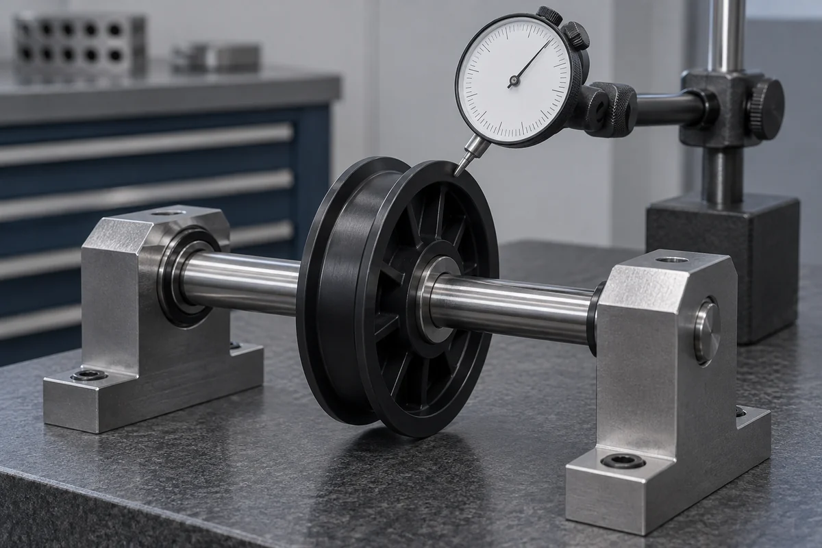 Molded guide pulley mounted on a horizontal arbor for an indicator inspection