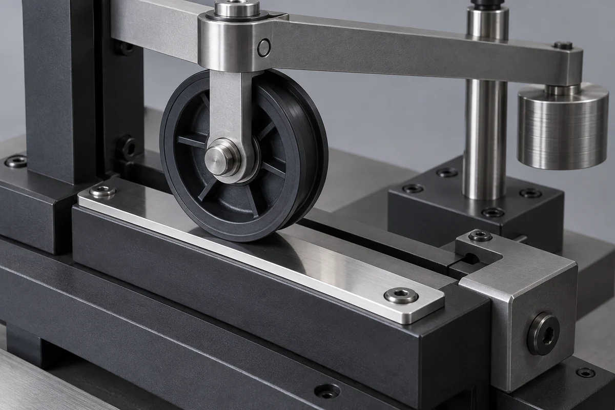 Pulley contact fixture with a replaceable steel counterface and mechanical load arm