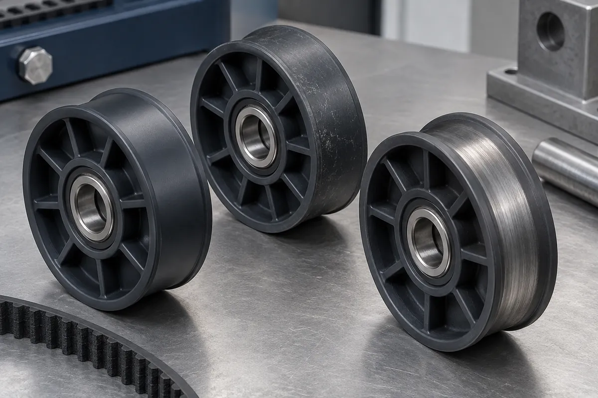 Three pulley treads illustrating a smooth surface, faint scuffing and a localized polished track
