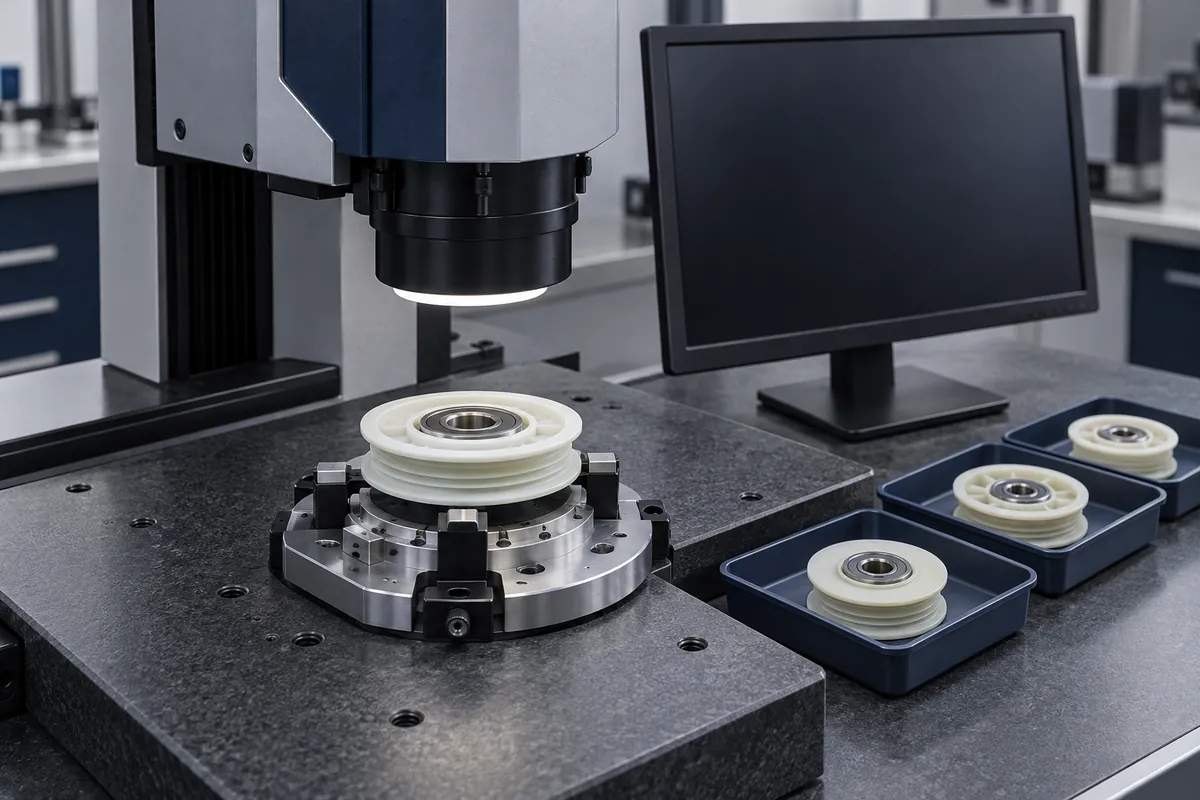 Optical inspection station aimed at a pulley tread beside individual sample trays