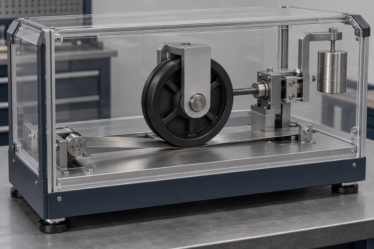 Unpowered enclosed bench fixture with a polymer pulley and steel counterface