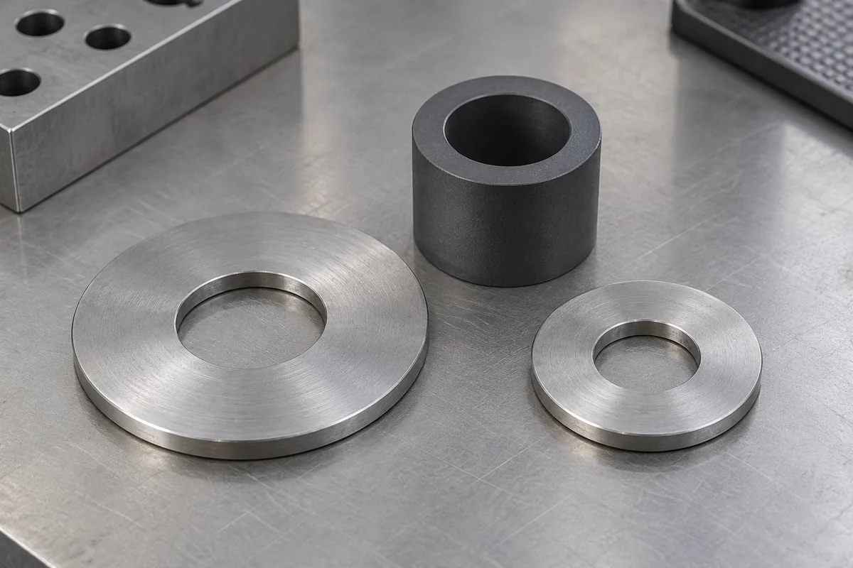 Two steel washers with different bearing diameters next to a graphite cylindrical plastic spacer