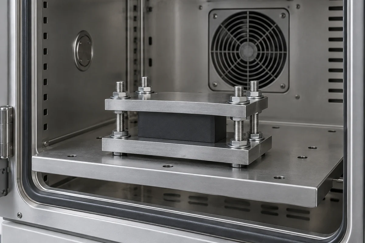 Small clamped spacer fixture resting on a shelf inside an open temperature chamber