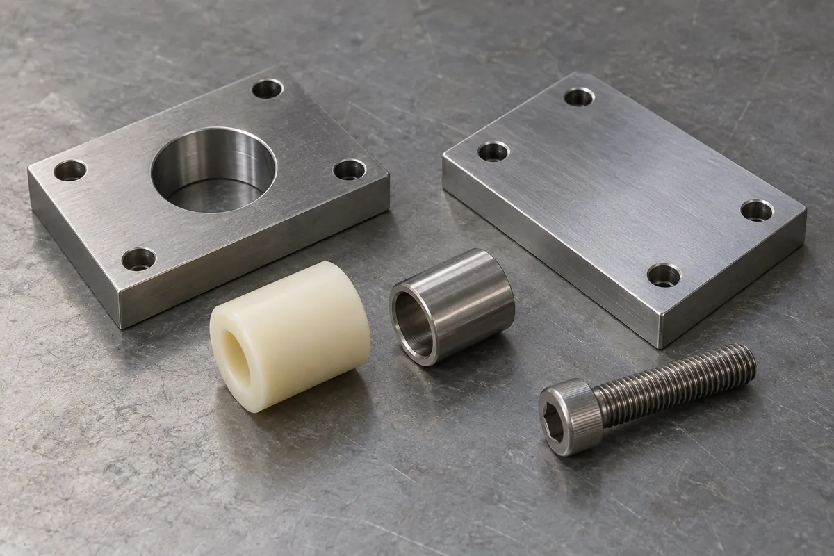 Separate ivory spacer, metal compression sleeve, screw and mounting plates arranged for a load-path review