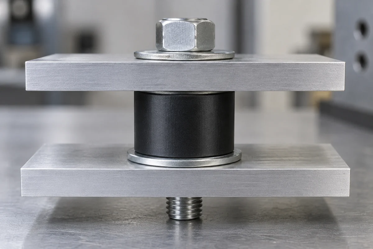 Black polymer spacer clamped between two aluminum plates with a central steel bolt and flat washers