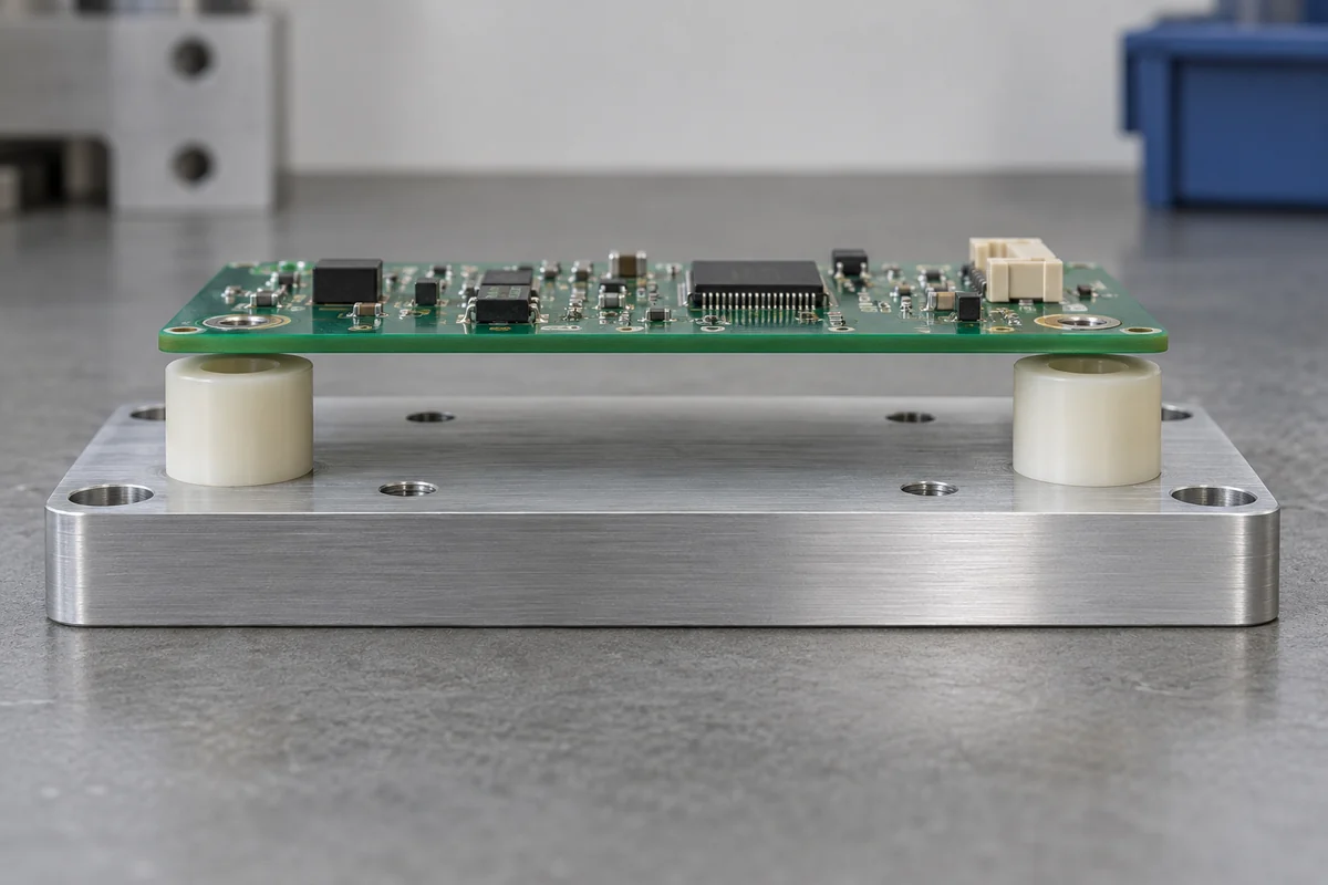 Side view of an aluminum base, ivory spacer supports and a green circuit board forming an axial stack