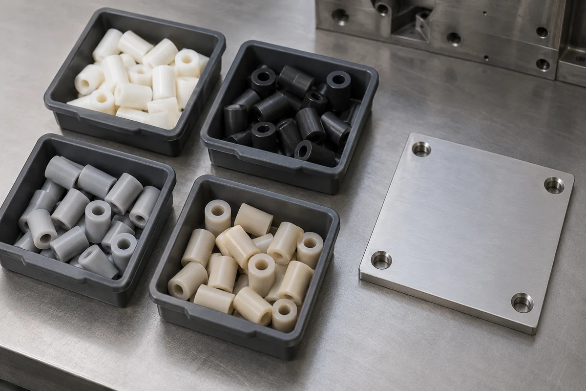 Separate trays of molded spacer samples next to a datum plate with four mounting holes