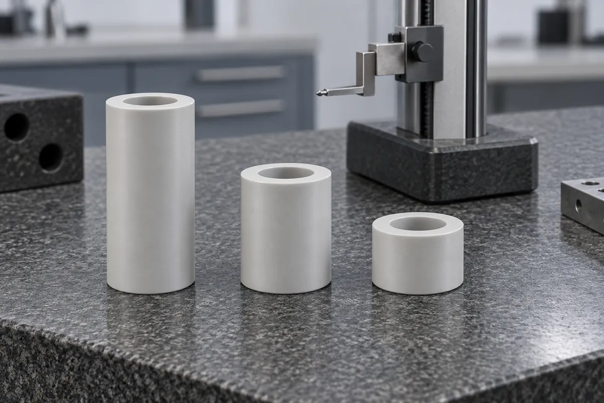 Three pale molded spacers at different heights on a granite plate beside a height comparator