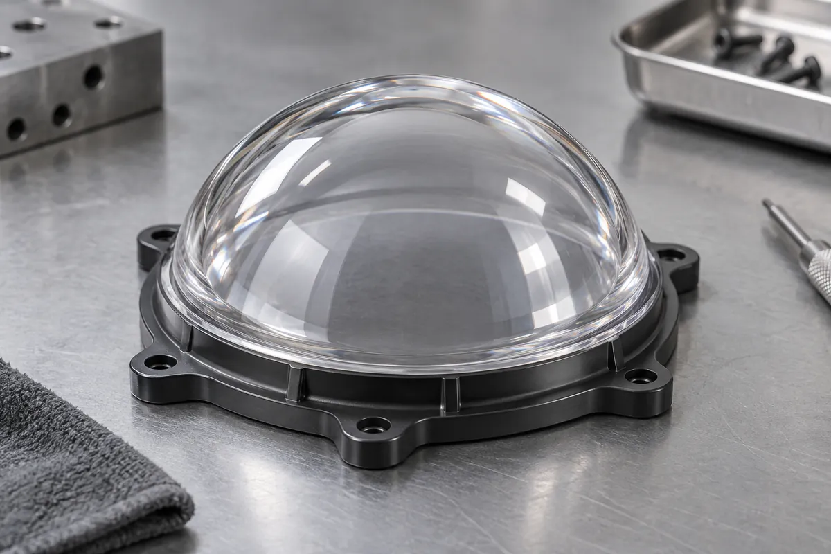 Clear convex polymer lens with molded mounting flange