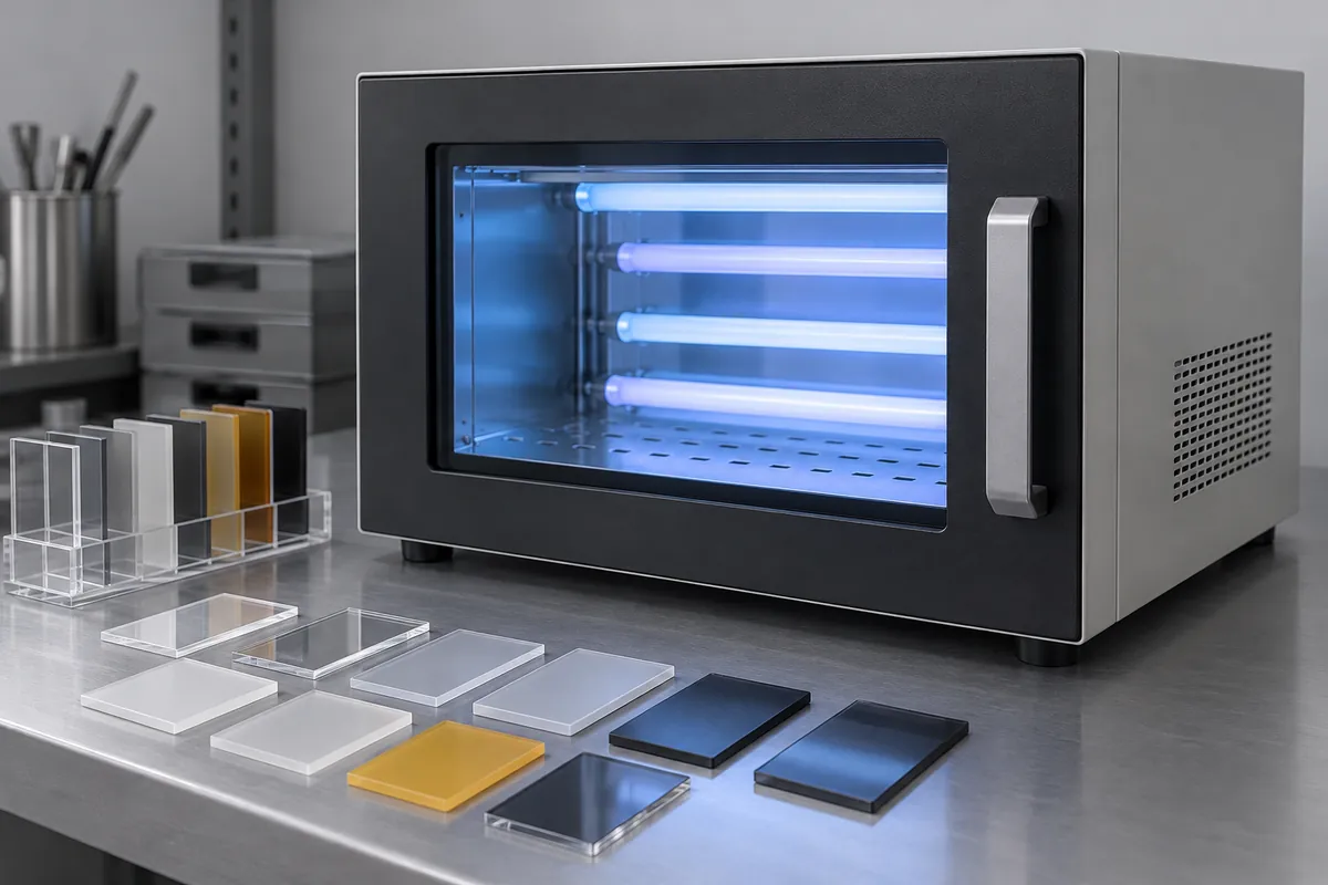 Clear polymer coupons beside closed exposure cabinet