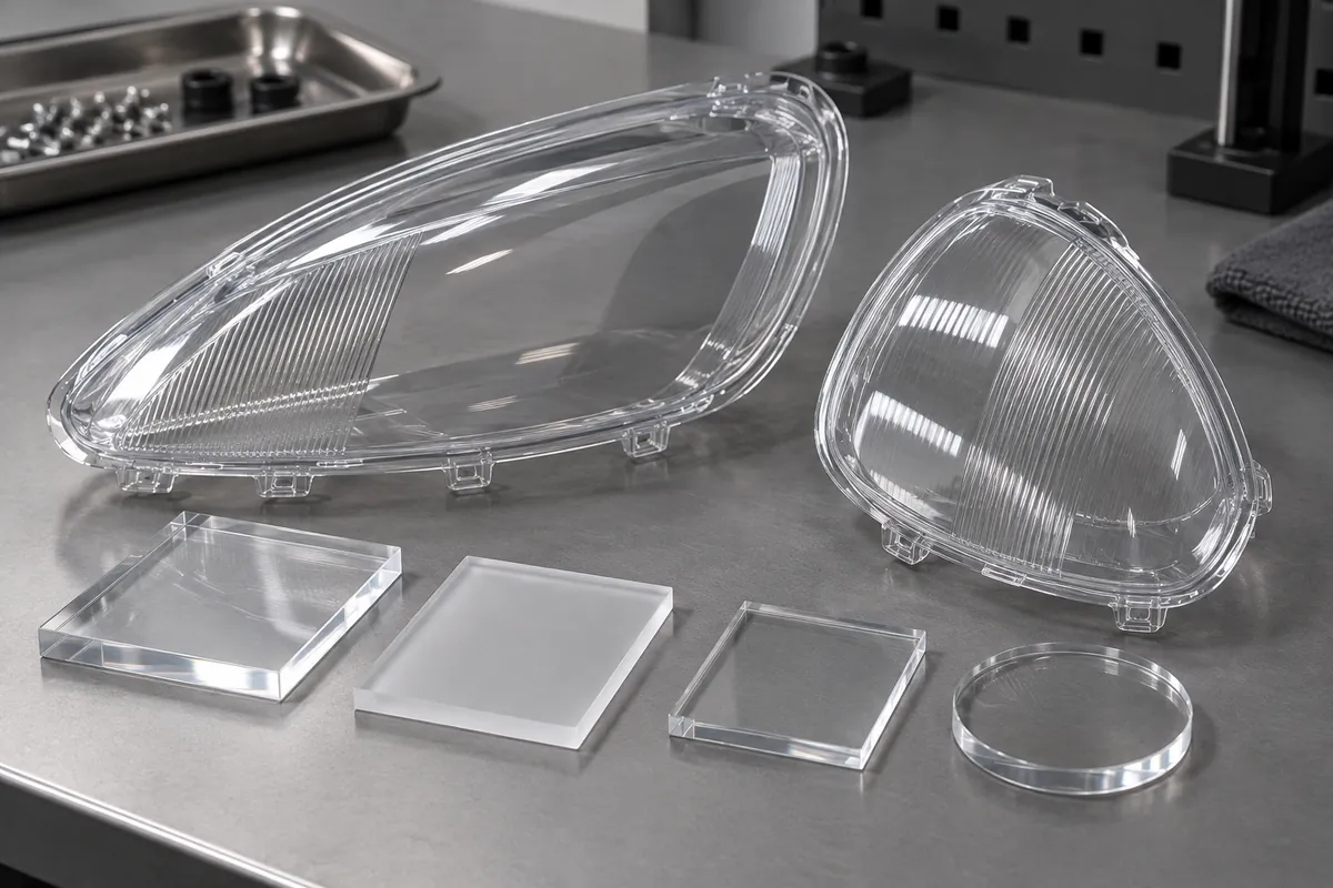 Two clear molded polymer lenses and separate transparent coupons