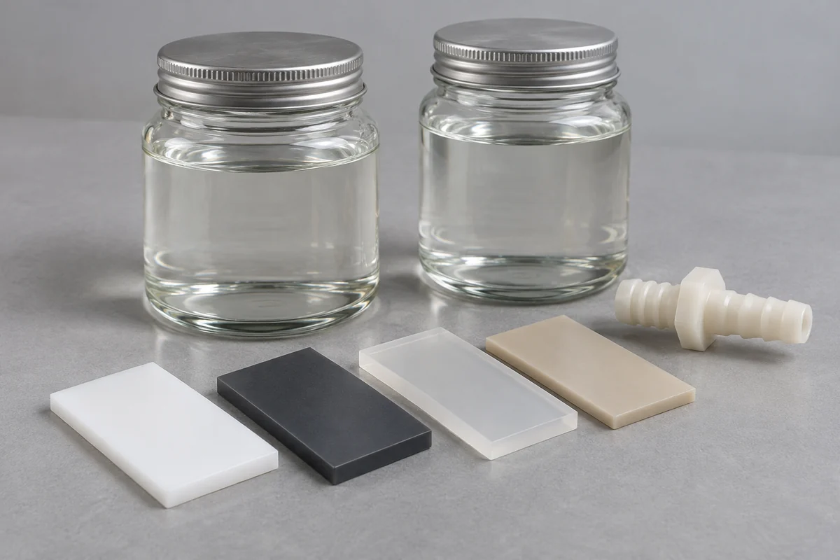 Polymer coupons beside closed liquid-exposure jars and a separate fitting