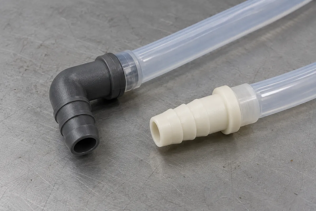 Two different molded fitting design examples assembled to separate translucent tubes