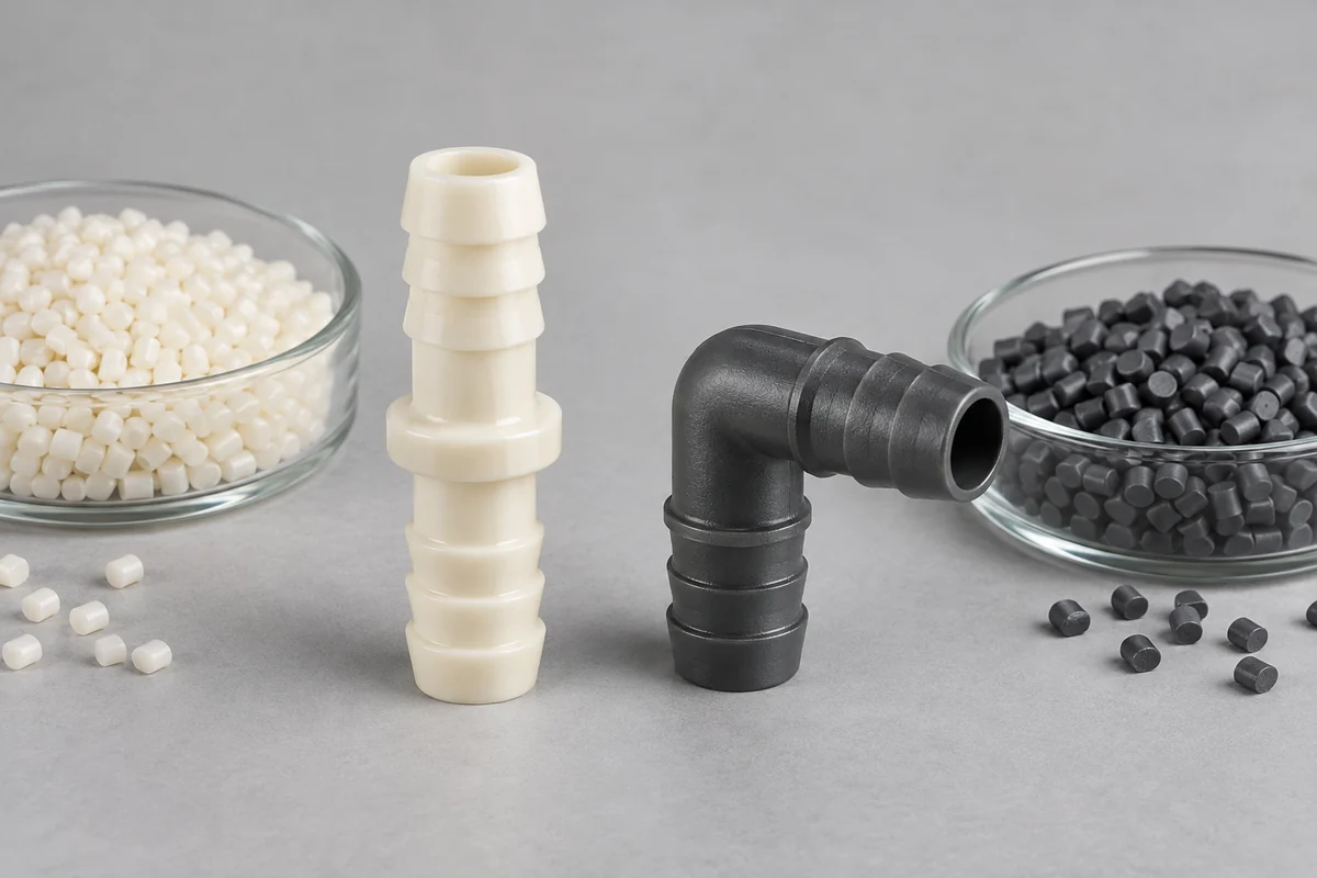 Ivory straight and charcoal elbow barb design samples beside separate resin-pellet dishes