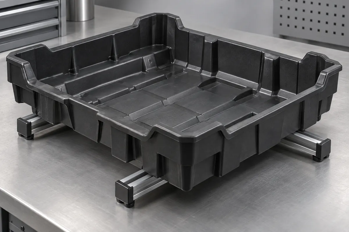 Large molded tray resting on two rail supports showing its broad base