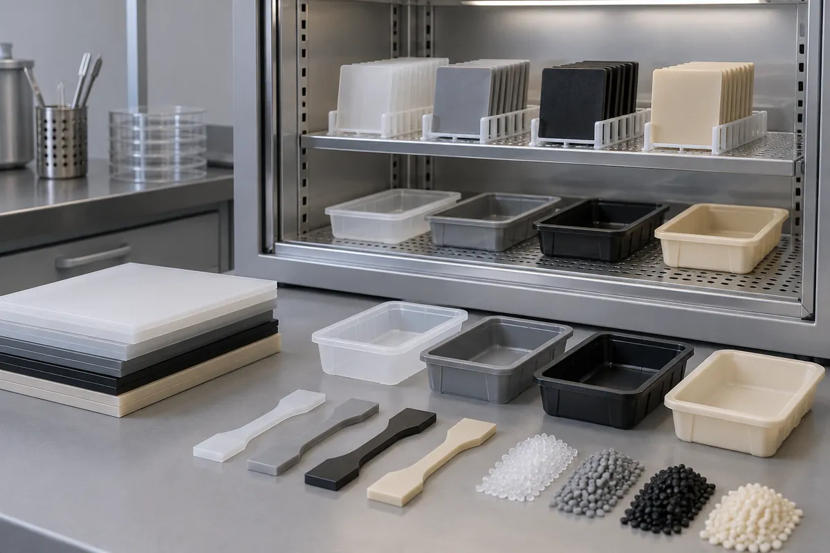 Separate molded material coupons and tray samples in a clean conditioning cabinet