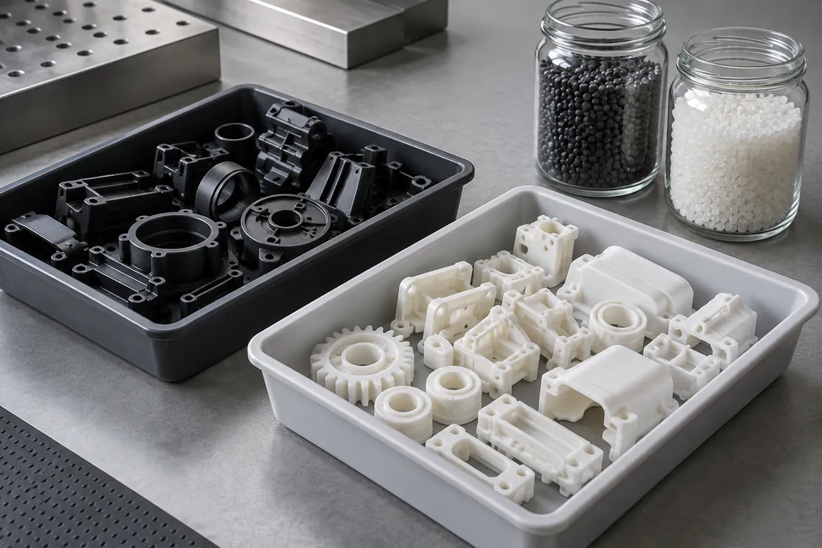 Two unmarked plastic component trays with material pellets in separate glass jars