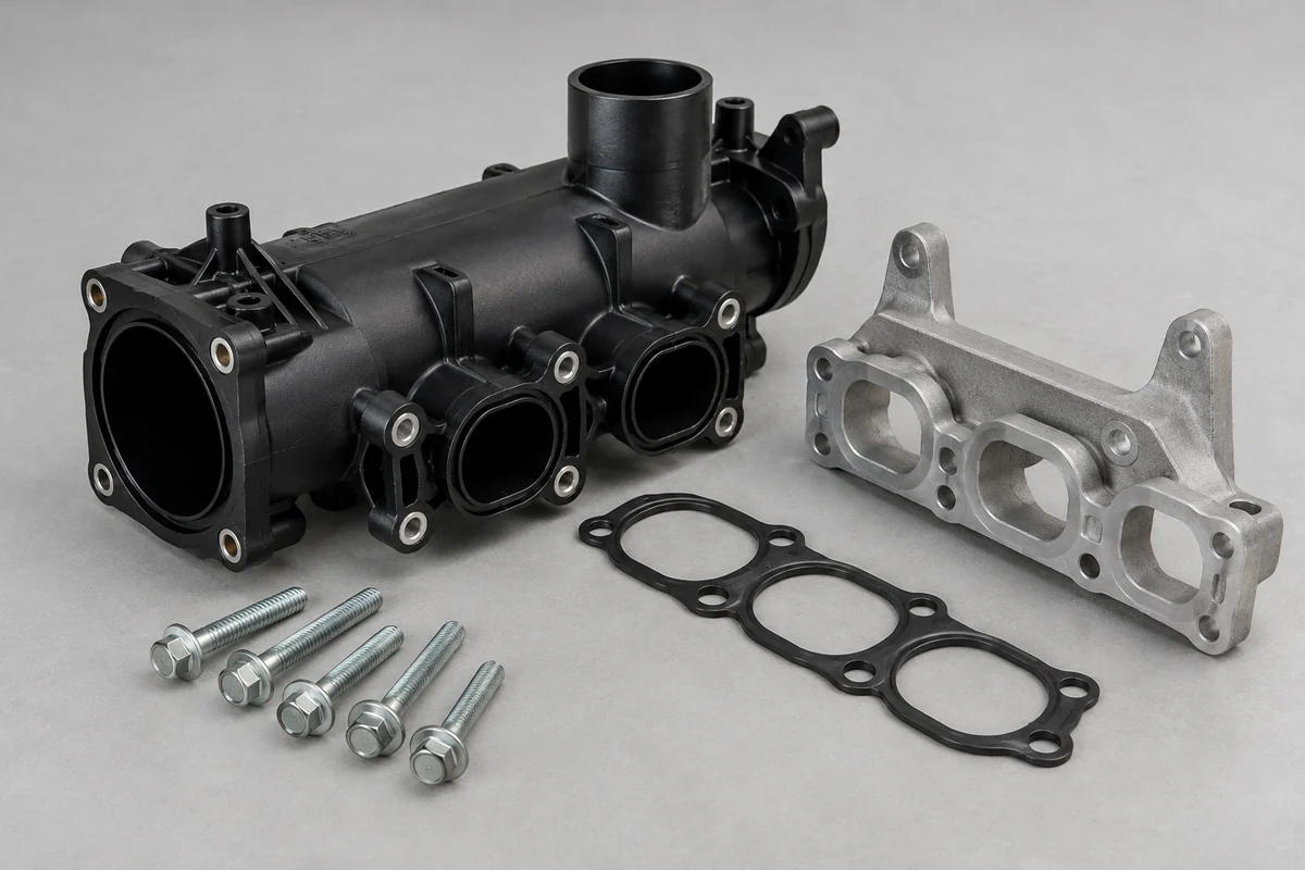 Black molded manifold, mounting bracket, gasket and loose fasteners showing material and assembly interfaces