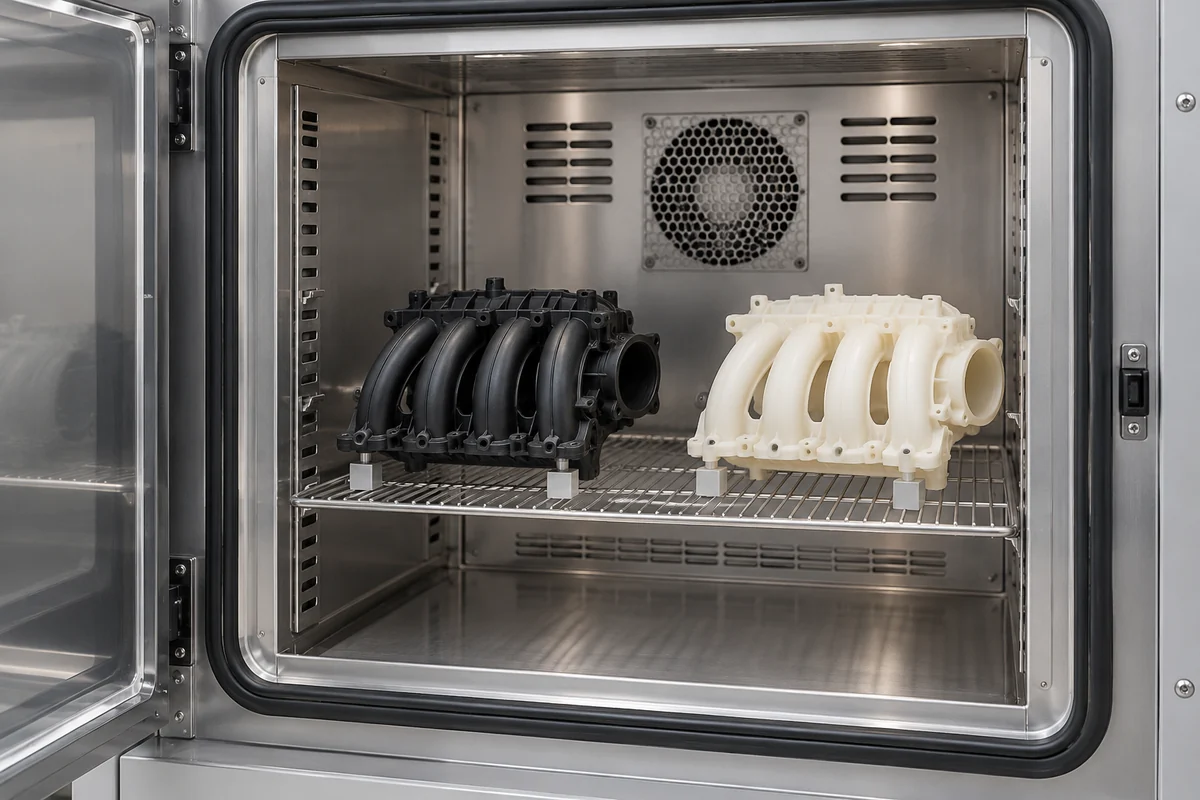 Separate black and pale polymer manifold specimens on a shelf inside a conditioning chamber