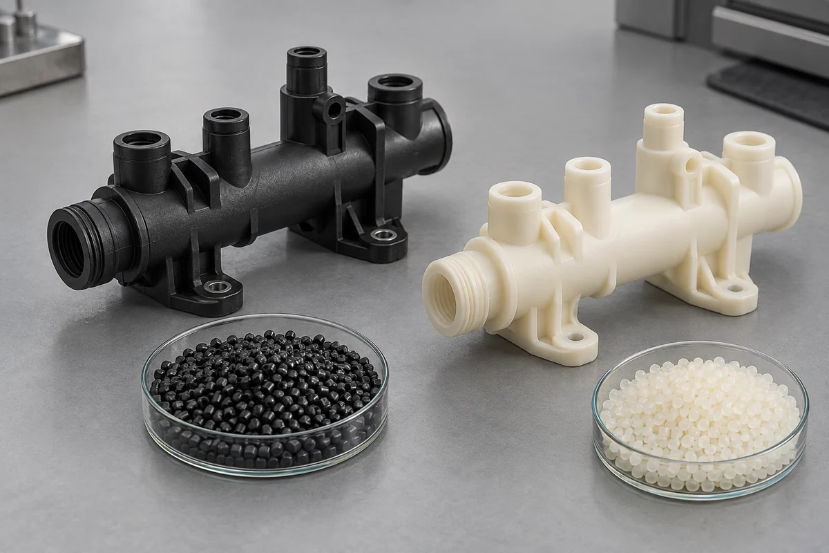 Black and ivory manifold design samples beside separate resin-pellet dishes for a material comparison