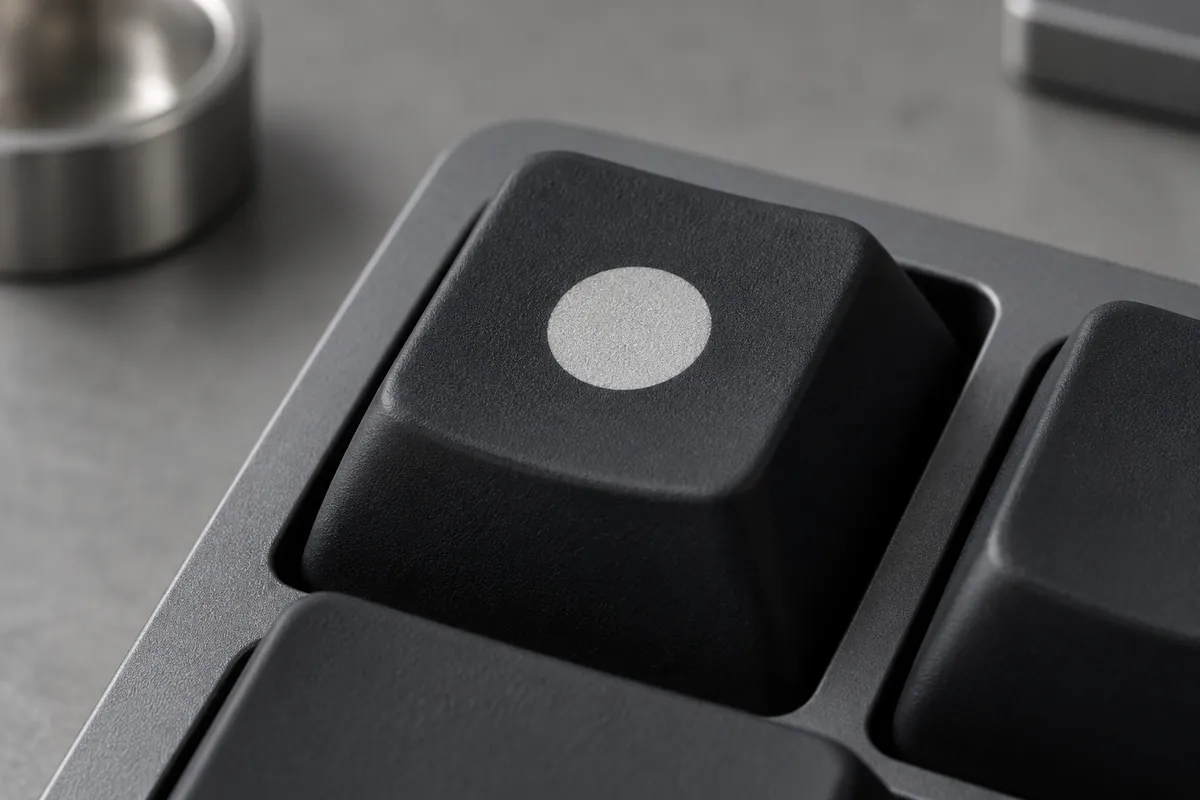 Macro of a printed solid circular mark on matte silicone key top