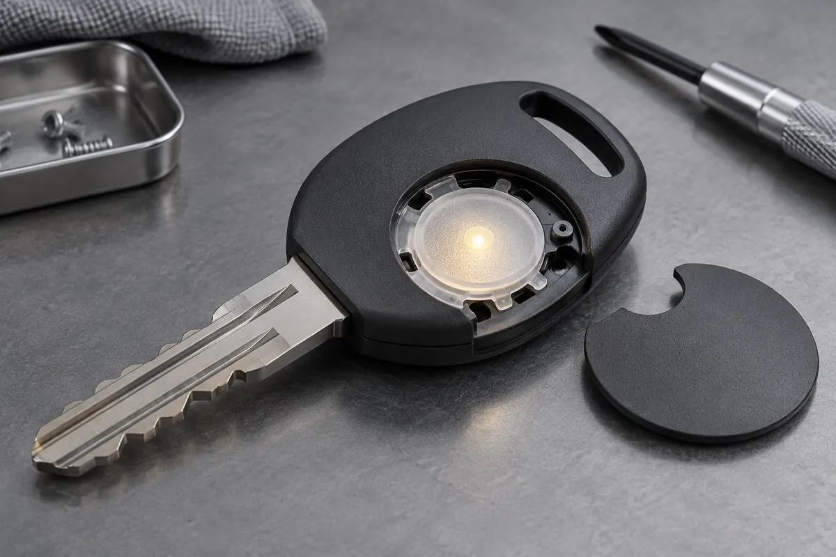 Section of an opaque coated translucent key showing an opened circular light window