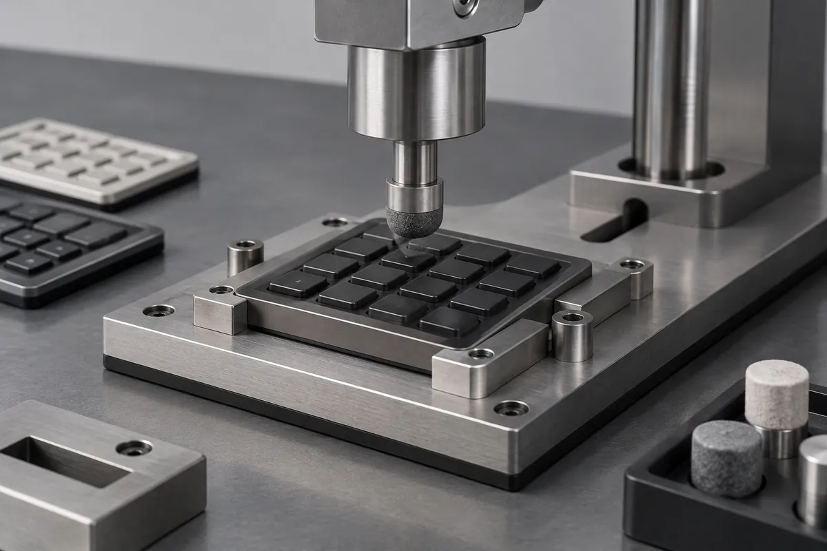 Unmarked abrasion test stylus above keypad sample, no readings or hands