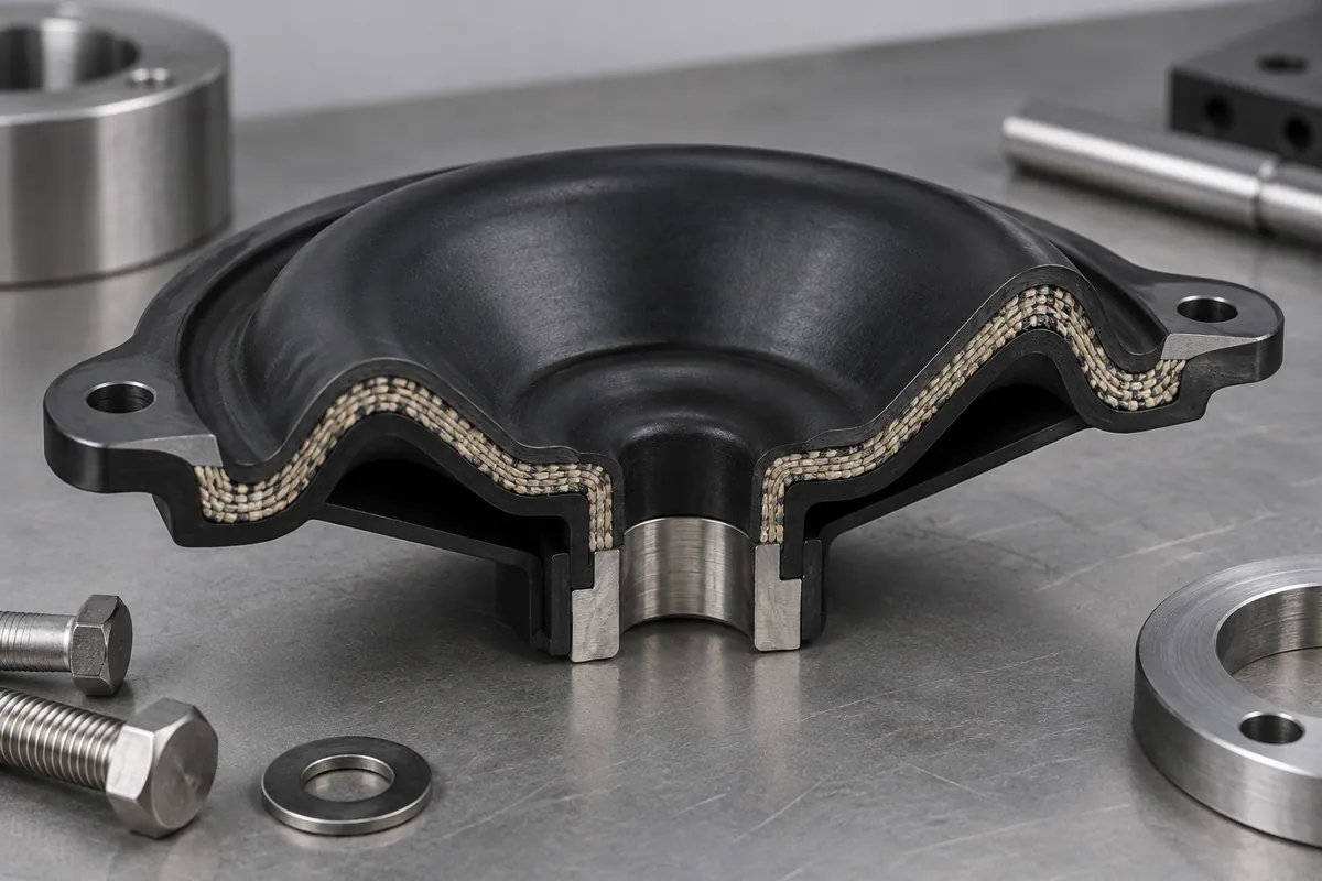 Sectioned rubber diaphragm with visibly embedded woven fabric layer