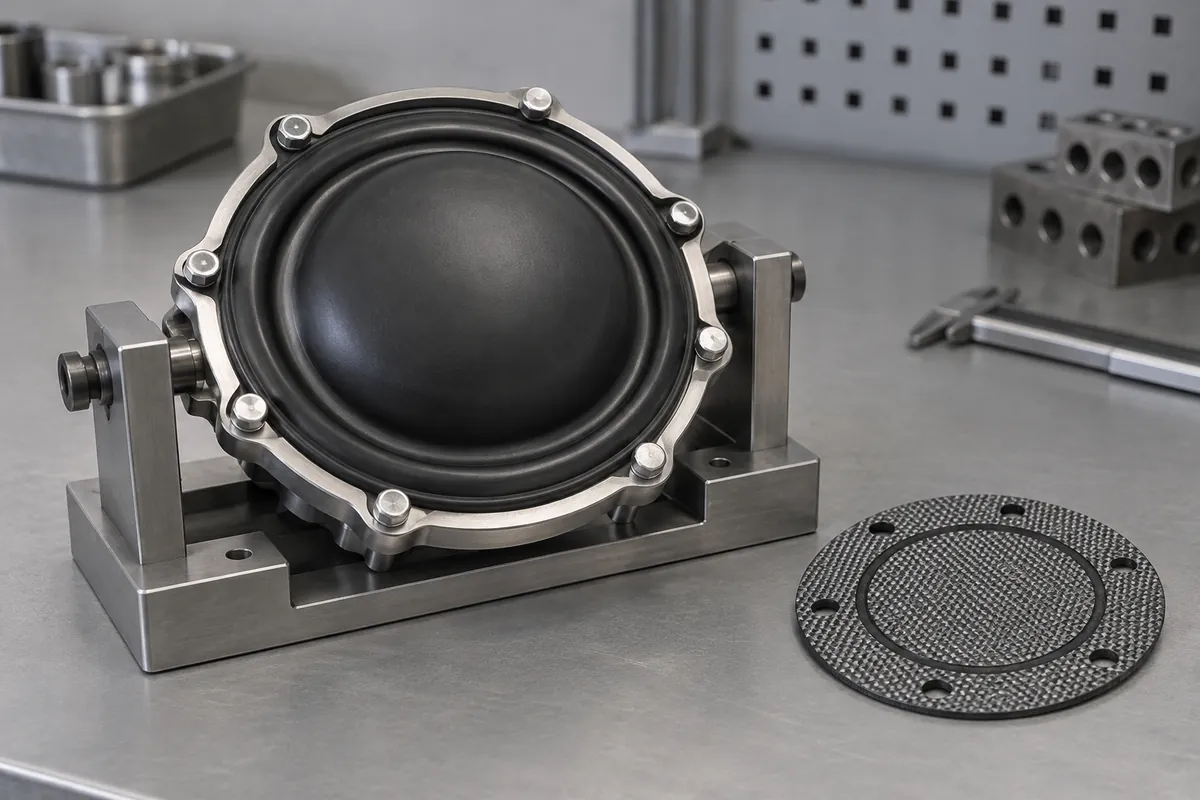 Clamped diaphragm and separate reinforcement sample on gray bench
