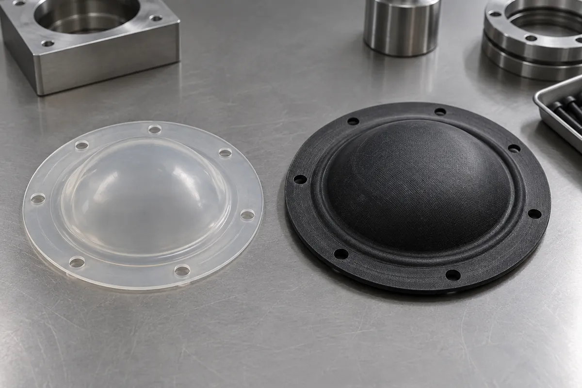 Unreinforced translucent membrane beside dark fabric reinforced rubber diaphragm