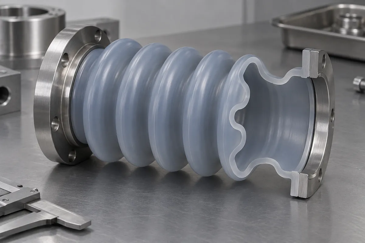 Sectioned silicone bellows showing rounded convolution roots