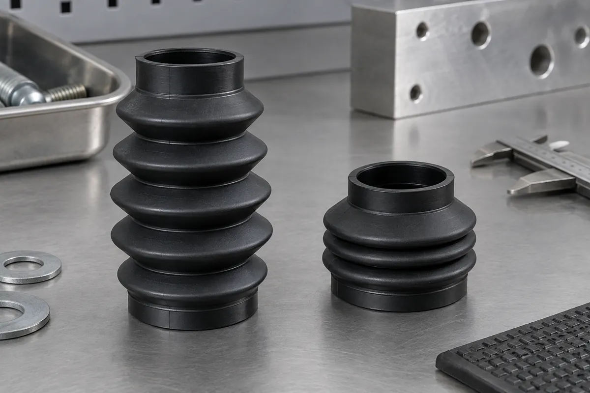 Small black silicone bellows in relaxed and compressed design states