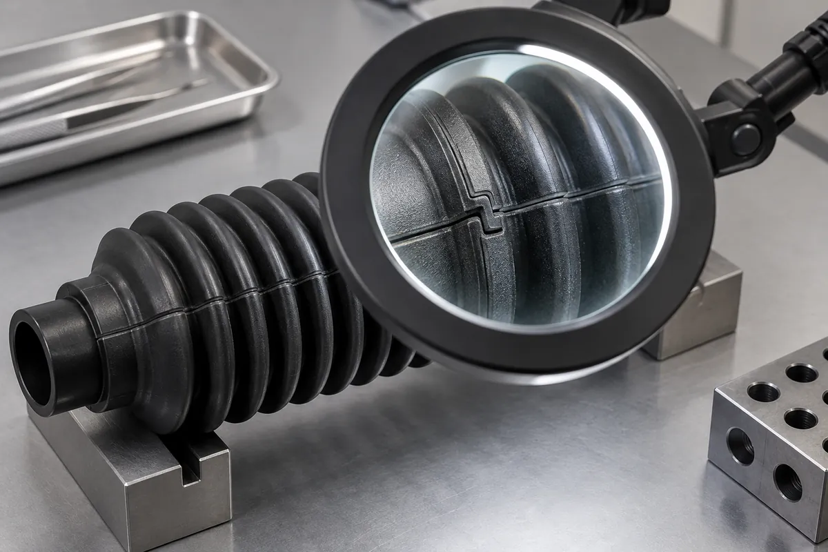 Close view bellows parting interface under optical magnifier