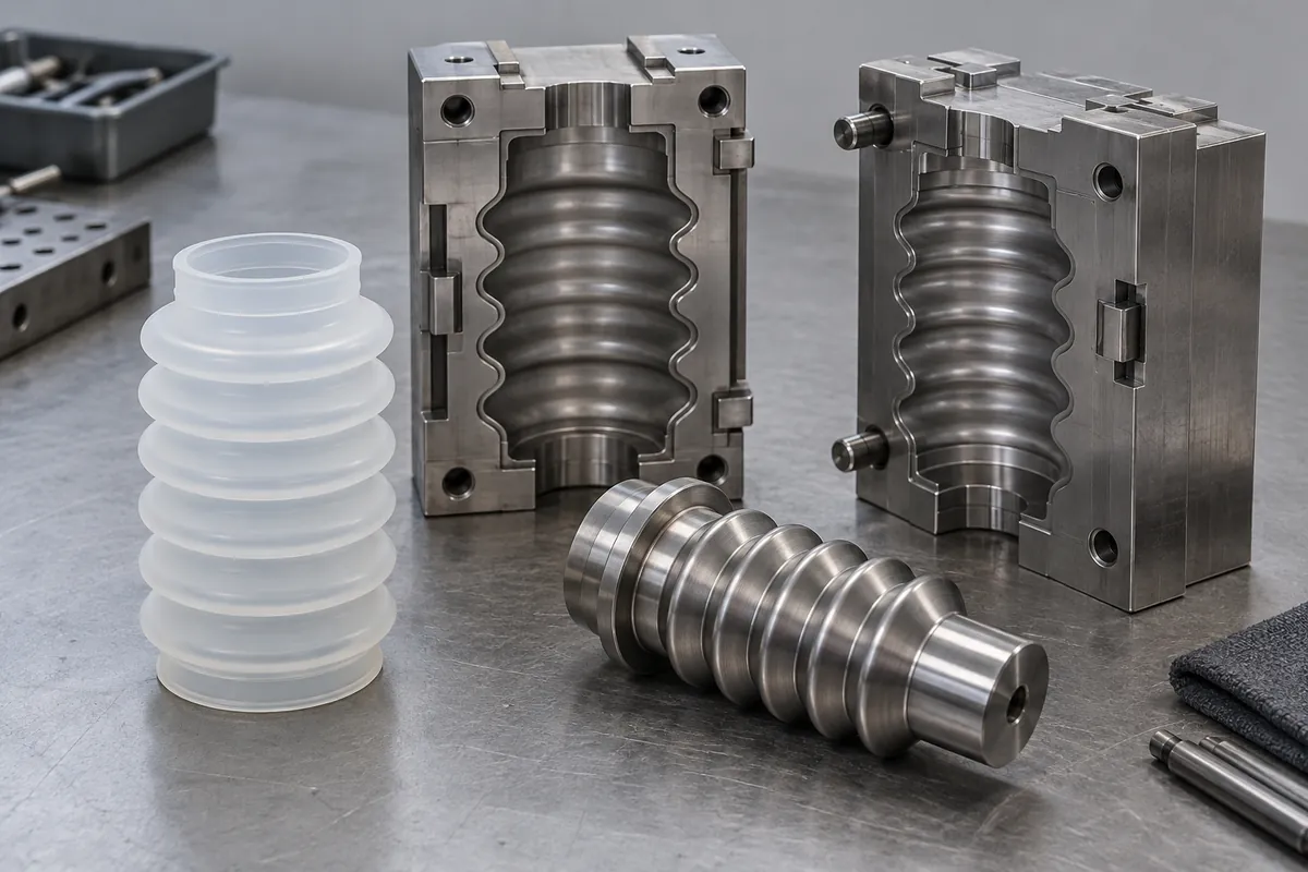 Silicone bellows beside segmented steel mold and core