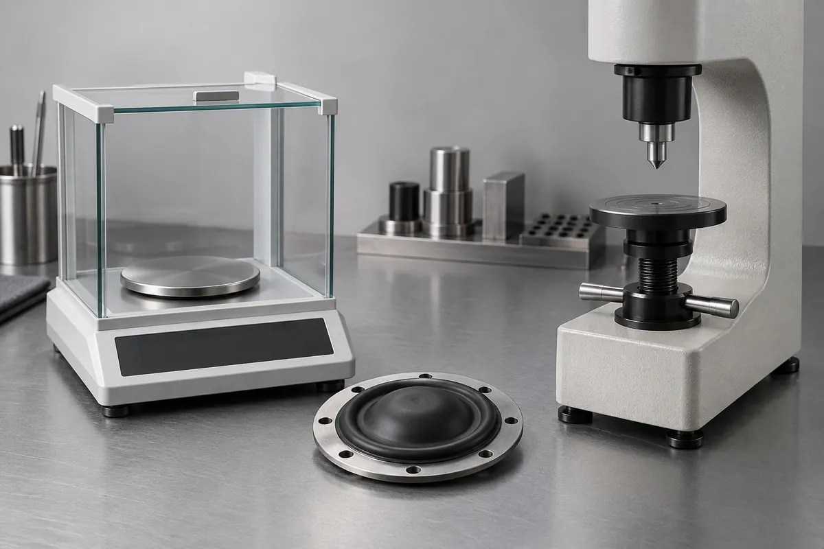 Diaphragm next to blank hardness test stand and unmarked balance