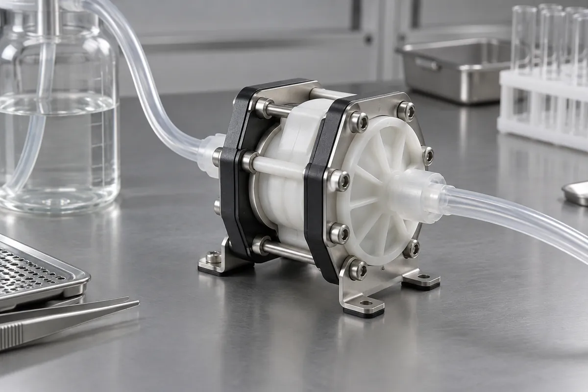 Assembled diaphragm housing with clear tubing in clean laboratory bench