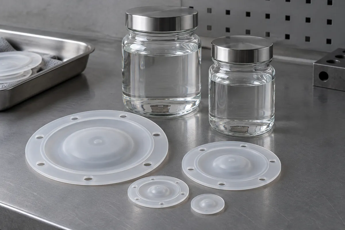 Silicone diaphragms beside closed clear jars of uncolored liquid