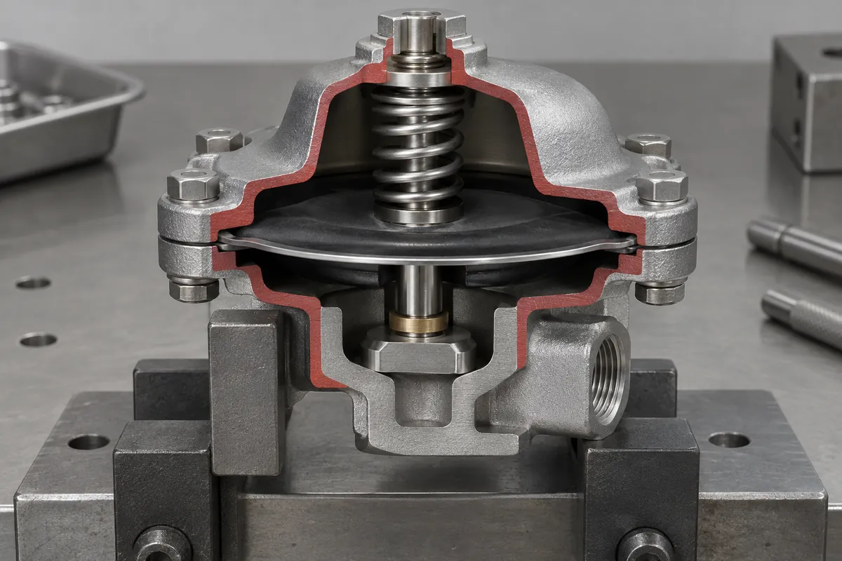 Side section of clamped diaphragm with central plunger at defined stop