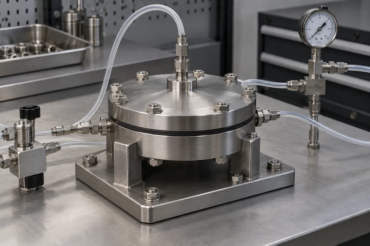 Pressure taps and tubing around a closed diaphragm test fixture