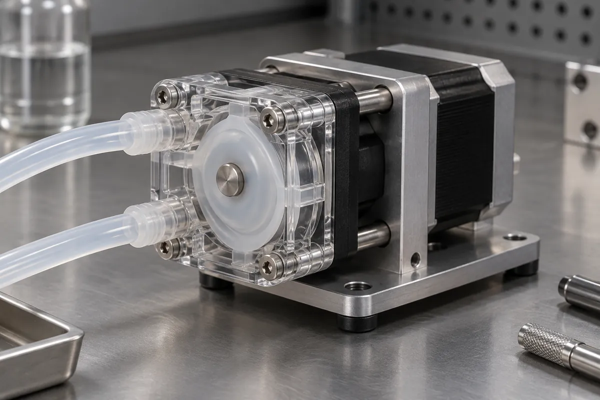 Diaphragm mounted in clear small pump head with tubes and mechanical actuator