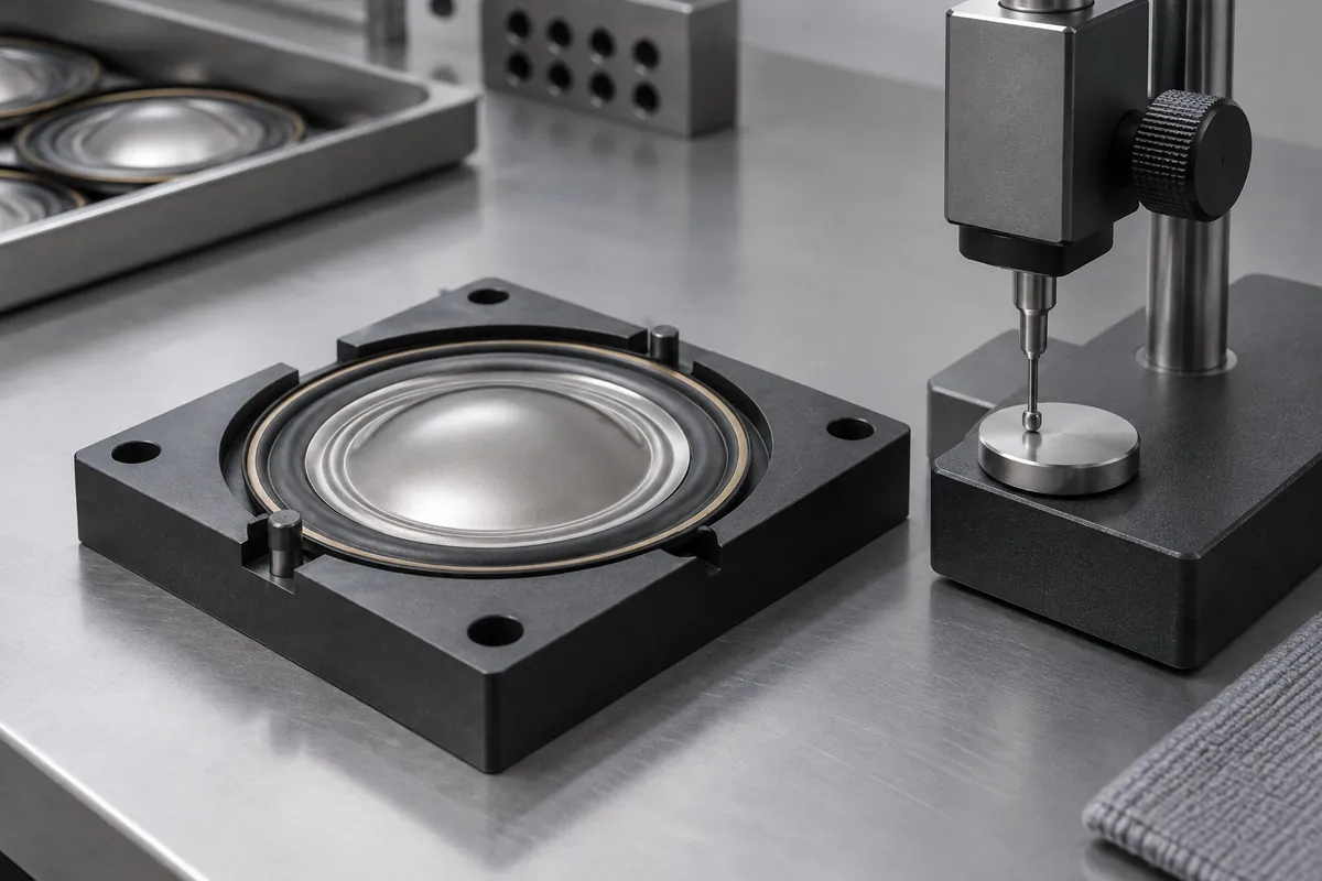 Diaphragm in flat inspection nest beside unmarked thickness probe