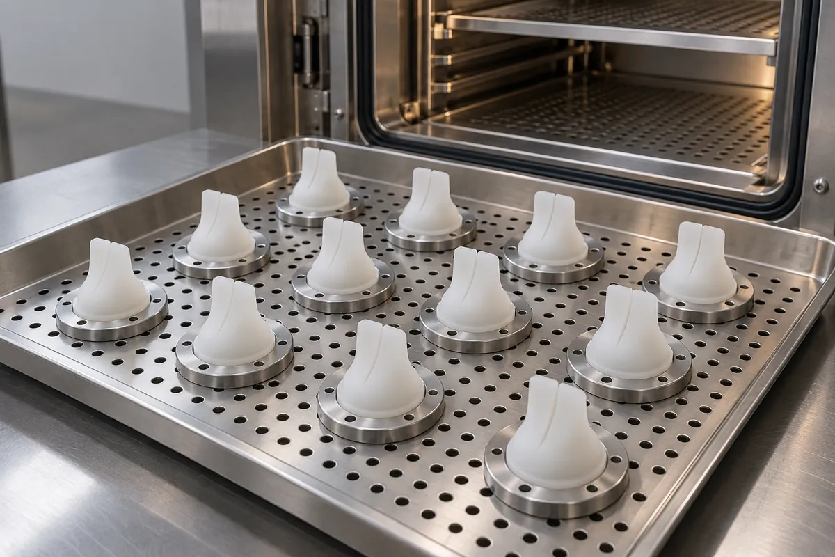 Silicone valves separated on a perforated tray near an industrial oven