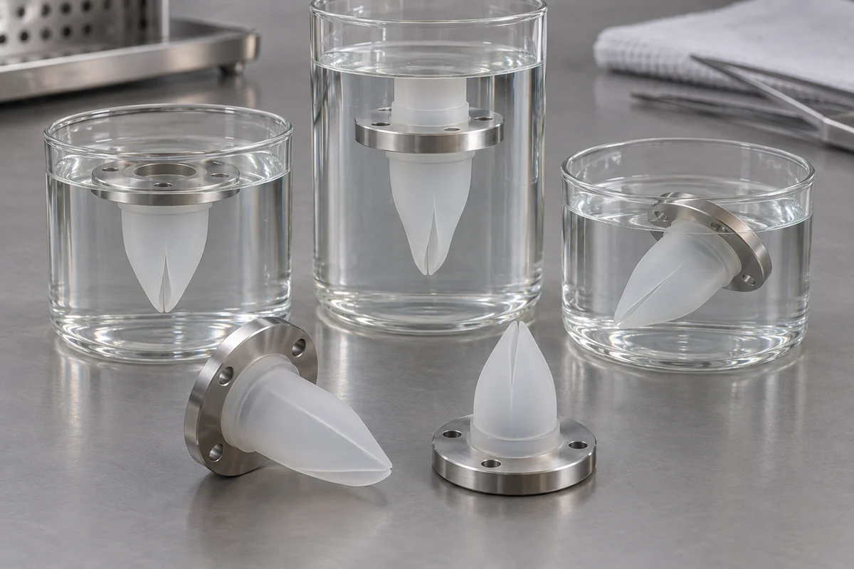 Silicone valve specimens in separate glass vessels containing clear liquid