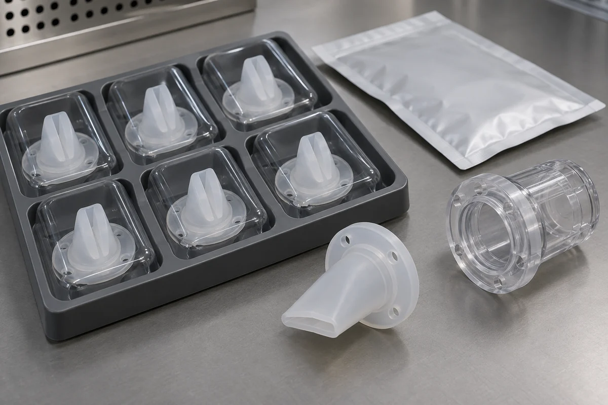 Silicone valves in protected packing nests with an unmarked pouch