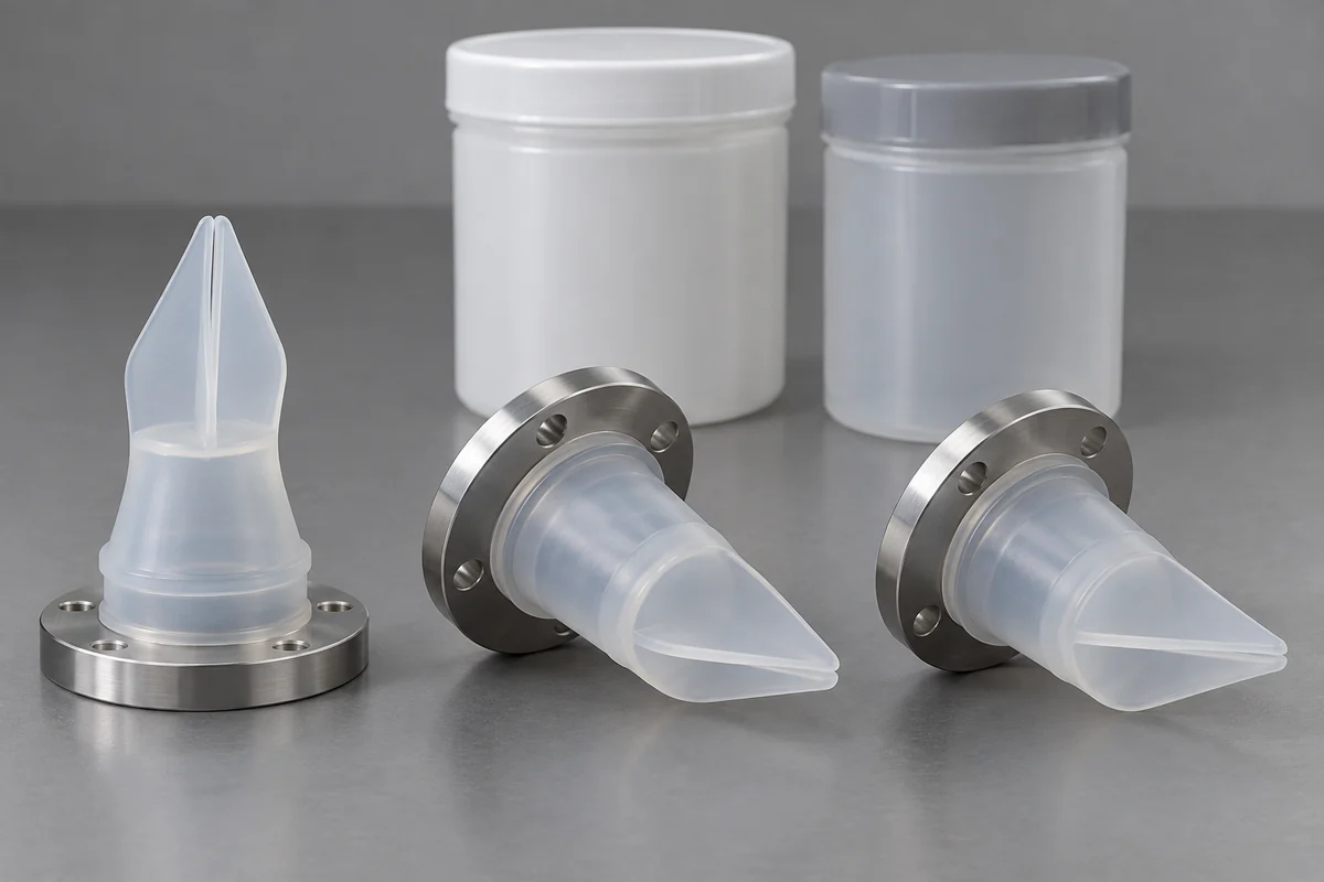 Silicone duckbill valve samples beside unmarked material containers