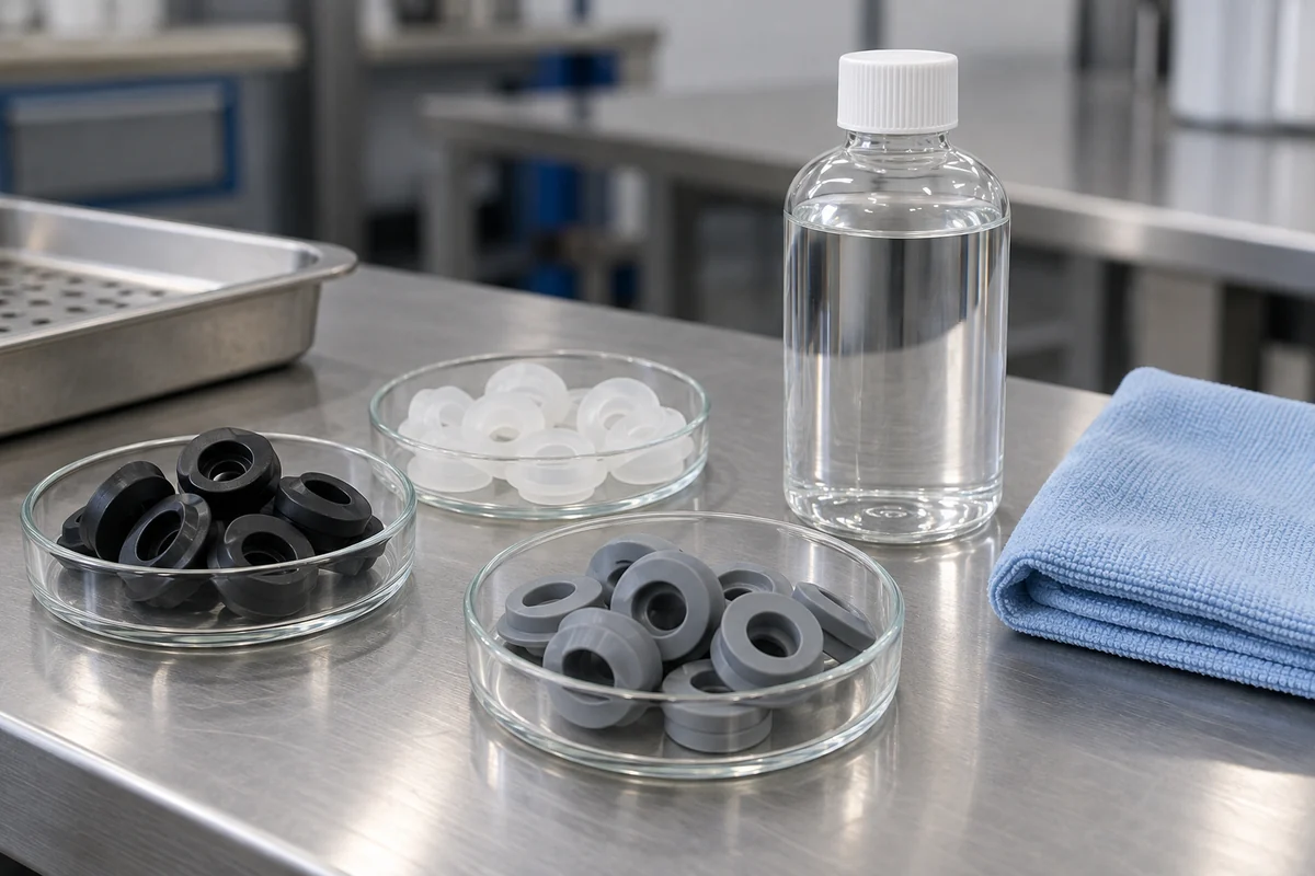 Silicone grommet specimens in separate dishes beside a closed unbranded bottle