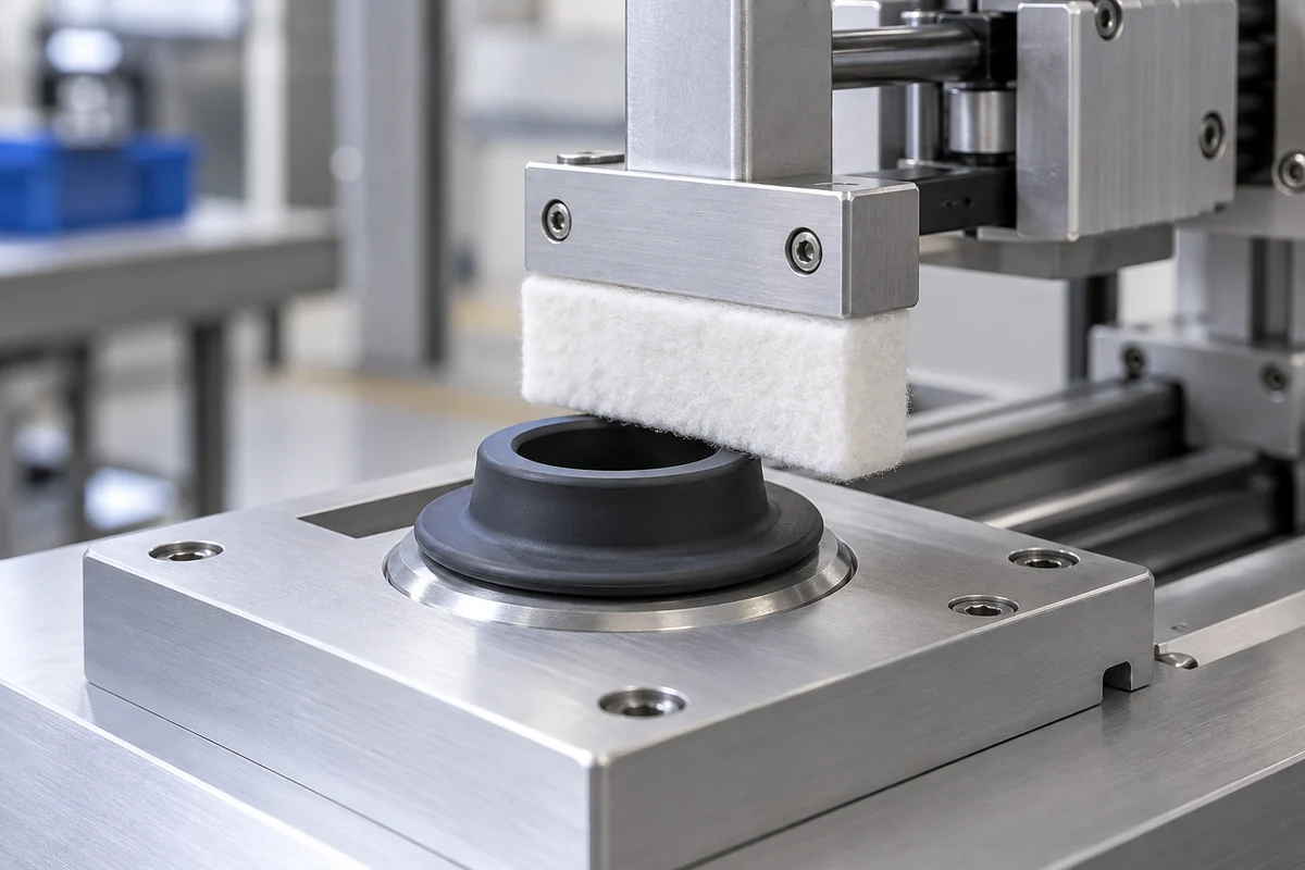 Mechanical wiping fixture positioned over a silicone flange